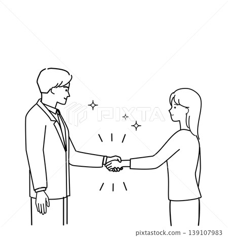 A simple line drawing illustration of a business man and woman shaking hands, symbolizing the conclusion of a contract and the success of a business deal. A simple line drawing illustration of a business man and woman shaking hands, symbolizing the conclusion of a contract and the success of a business deal. 139107983