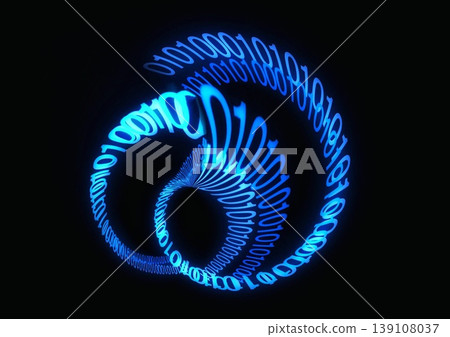 A waveform data flow of binary code glowing blue against a black background: Digital communications, AI, and cyberspace imagery. A waveform data flow of binary code glowing blue against a black background: Digital communications, AI, and cyberspace imagery. 139108037