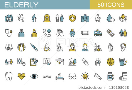 Line icon set related to the elderly and caregiving (color) Line icon set related to the elderly and caregiving (color) 139108038