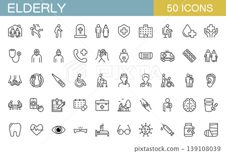 Elderly and care related line icon set Elderly and care related line icon set 139108039