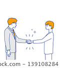 Simple line art illustrations (in different colors) depicting a handshake in business to sign a contract or a successful deal. 139108284