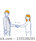 Simple line drawing illustration (with color variations) of a business couple shaking hands and closing a deal, facing forward. 139108285