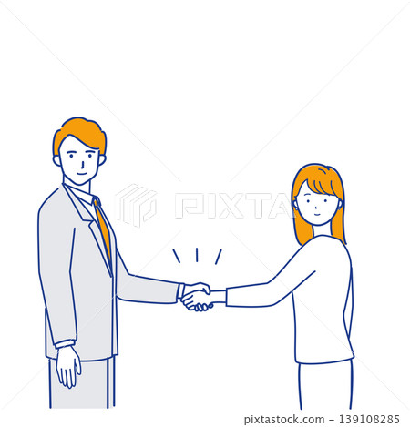 Simple line drawing illustration (with color variations) of a business couple shaking hands and closing a deal, facing forward. 139108285