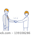 Simple line drawing illustrations (in different colors) depicting business people shaking hands and closing a deal, facing forward. 139108286
