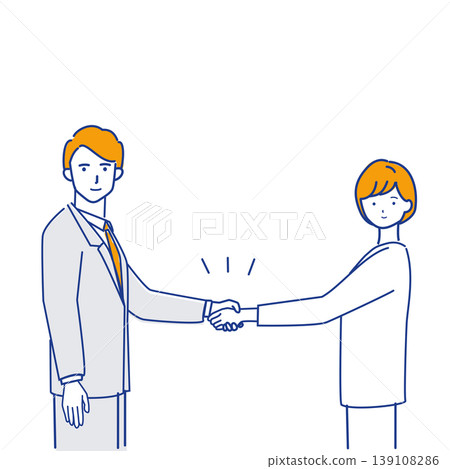 Simple line drawing illustrations (in different colors) depicting business people shaking hands and closing a deal, facing forward. Simple line drawing illustrations (in different colors) depicting business people shaking hands and closing a deal, facing forward. 139108286