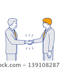 Simple line art illustrations (with color variations) of businessmen shaking hands and reaching an agreement during a business negotiation. 139108287