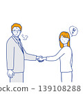 Simple line art illustrations (in different colors) of a woman looking confused while shaking hands with a client and her overbearing male boss. 139108288