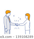 Simple line art illustrations (in different colors) of a businessman and woman shaking hands to symbolize a successful deal and the conclusion of a contract. 139108289