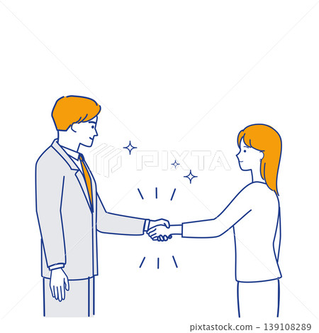 Simple line art illustrations (in different colors) of a businessman and woman shaking hands to symbolize a successful deal and the conclusion of a contract. Simple line art illustrations (in different colors) of a businessman and woman shaking hands to symbolize a successful deal and the conclusion of a contract. 139108289