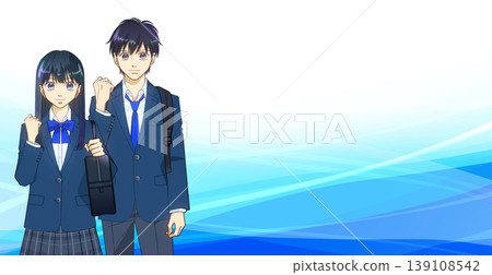 動漫風格的插圖，描繪了背著背包和書包的高中或初中男女學生，背景為漸變色。 139108542