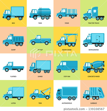 Collection of truck icons in flat style Collection of truck icons in flat style 139108567