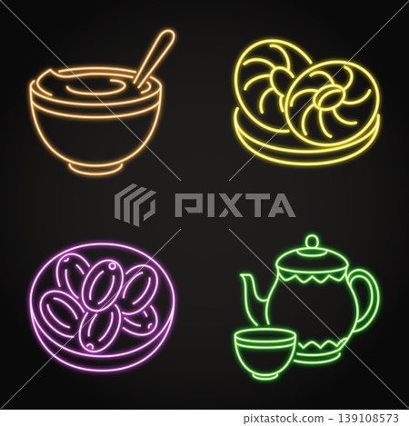 Nowruz traditional treats neon icon set Nowruz traditional treats neon icon set 139108573