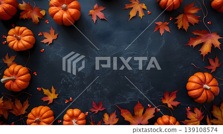 A cinematic Halloween background adorned with pumpkins and autumn leaves. A cinematic Halloween background adorned with pumpkins and autumn leaves. 139108574