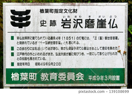[Information board for the "Iwasawa Cliff Buddha," a Naraha Town designated cultural property, said to have been created by Kobo Daishi] 139108699