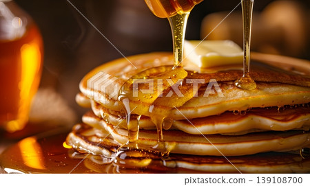 A delicious macro photo of pancakes drizzled with melting honey. A delicious macro photo of pancakes drizzled with melting honey. 139108700
