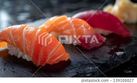 Cinematic photographs of salmon and tuna nigiri from a high-end sushi restaurant. 139108827