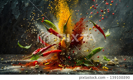 A dynamic food art background with spices flying everywhere. 139108890