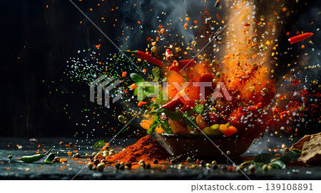 A dynamic food art background with spices flying everywhere. A dynamic food art background with spices flying everywhere. 139108891