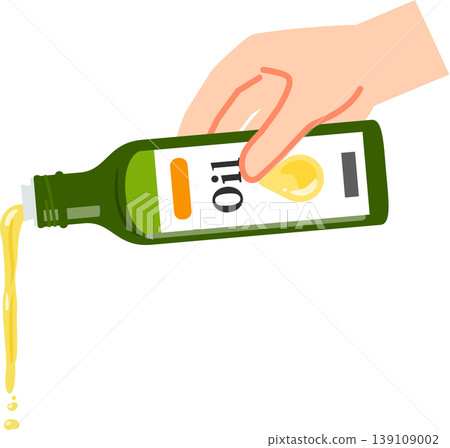 A hand tilting a bottle of cooking oil and pouring the oil. A hand tilting a bottle of cooking oil and pouring the oil. 139109002