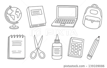 Hand drawn doodle school supplies and office stationery icon set. Hand drawn doodle school supplies and office stationery icon set. 139109086