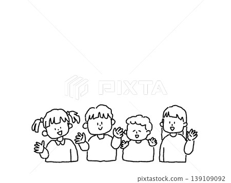 Upper bodies of small children waving, line drawing. Upper bodies of small children waving, line drawing. 139109092