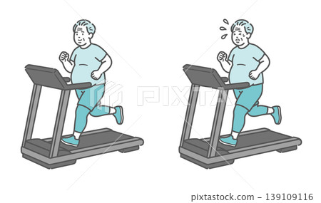 A set of comparative illustrations showing a slightly overweight senior man exercising on a treadmill. A set of comparative illustrations showing a slightly overweight senior man exercising on a treadmill. 139109116