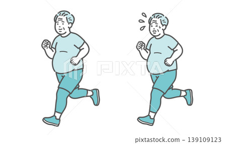 A set of comparative illustrations of a slightly overweight senior man jogging. 139109123