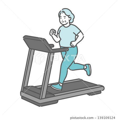 An illustration of a slightly overweight senior woman jogging on a treadmill (smiling). 139109124