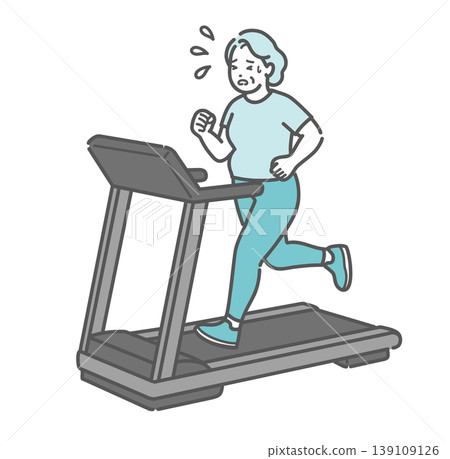 An illustration of a slightly overweight senior woman struggling to jog on a treadmill. 139109126