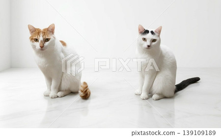 Two cats (a brown and white cat and a black and white cat) sit side-by-side in a marble studio with a white background. 139109189