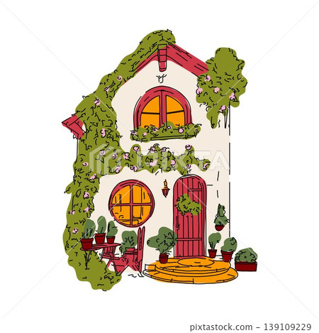Cozy Cottage with Greenery and Vibrant Windows Cozy Cottage with Greenery and Vibrant Windows 139109229