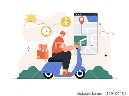 Courier or Delivery Service Illustration Featuring Parcel Shipping, Home Delivery, Tracking Mobile App, Logistics, Fast Service, Modern Flat Design Courier or Delivery Service Illustration Featuring Parcel Shipping, Home Delivery, Tracking Mobile App, Logistics, Fast Service, Modern Flat Design 139109484