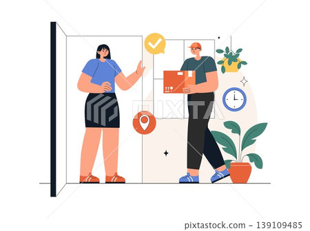 Courier or Delivery Service Illustration Featuring Parcel Shipping, Home Delivery, Tracking Mobile App, Logistics, Fast Service, Modern Flat Design Courier or Delivery Service Illustration Featuring Parcel Shipping, Home Delivery, Tracking Mobile App, Logistics, Fast Service, Modern Flat Design 139109485