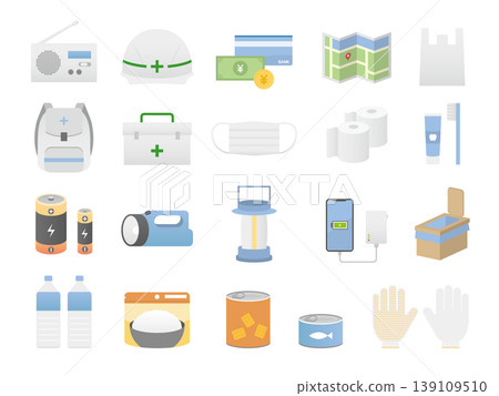 Icon set of disaster preparedness goods and evacuation supplies - Vector illustrations (disaster, earthquake, countermeasures, stockpiling, transparent background) Icon set of disaster preparedness goods and evacuation supplies - Vector illustrations (disaster, earthquake, countermeasures, stockpiling, transparent background) 139109510