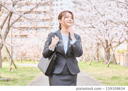 A young woman in a suit, smiling, walks under a row of cherry trees – an image of a new spring life. A young woman in a suit, smiling, walks under a row of cherry trees – an image of a new spring life. 139109634