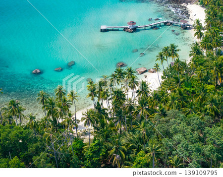 Aerial view of a wooden pier and pavilion in a tropical turquoise bay Aerial view of a wooden pier and pavilion in a tropical turquoise bay 139109795