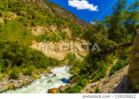 Mountain stream flowing through rocky gorge under blue sky Mountain stream flowing through rocky gorge under blue sky 139109822