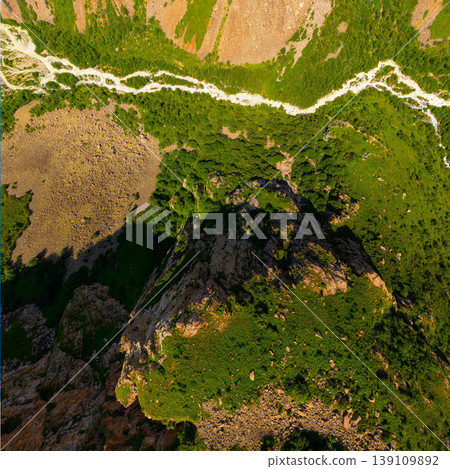 Aerial view of mountain landscape with winding river 139109892