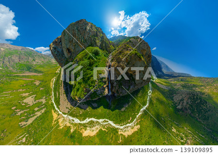 Aerial view of majestic mountain landscape with waterfall Aerial view of majestic mountain landscape with waterfall 139109895