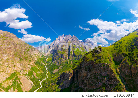 Aerial view of majestic mountain peaks and winding river Aerial view of majestic mountain peaks and winding river 139109914