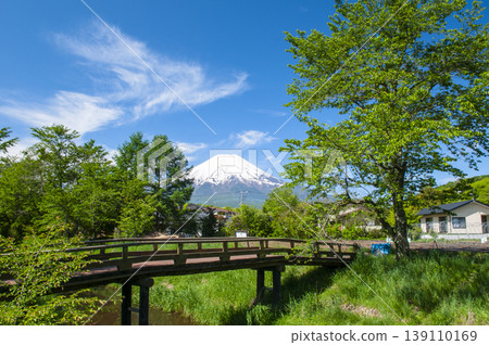 從山梨縣的Oshinomura看到的新鮮的綠色和富士山 139110169