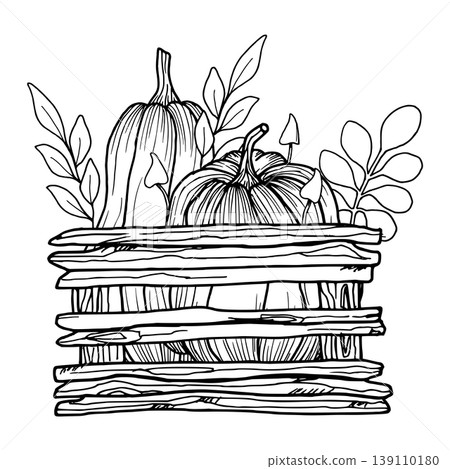 Wooden box with a pumpkin, mushroom, leaves. Simple black graphic drawing of a garden composition. Hand drawn vector graphic. Outline illustration for Thanksgiving, harvest, and autumn themed designs. 139110180