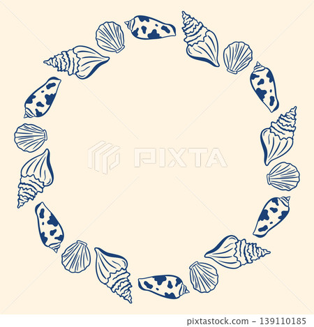 Round frame of hand-drawn shells and mollusks in Mediterranean style Round frame of hand-drawn shells and mollusks in Mediterranean style 139110185