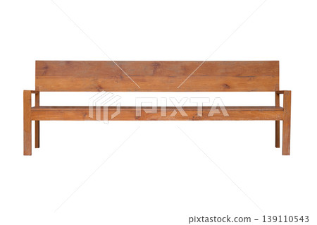 Long wooden bench with armrests isolated on white background 139110543