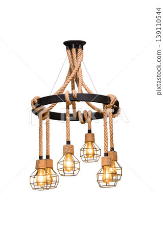 A modern loft chandeliers made of black metal with hemp rope isolated on white background A modern loft chandeliers made of black metal with hemp rope isolated on white background 139110544
