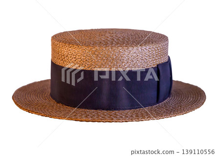 Old vintage straw hat isolated on white background Old vintage straw hat isolated on white background 139110556