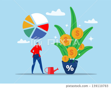 Businessman profit to invest finance, income with finish watering growing money plant seedling with coin flower. vector illustration 139110783