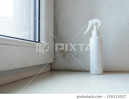 Person in pink gloves cleaning mold on window sill and walls using antifungal spray. Removing toxic black mold and mildew from window frame and plaster. Home maintenance and hygiene. Person in pink gloves cleaning mold on window sill and walls using antifungal spray. Removing toxic black mold and mildew from window frame and plaster. Home maintenance and hygiene. 139111027