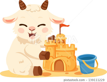 adorable baby goat character playing with sandcastle and bucket seaside summer cartoon art adorable baby goat character playing with sandcastle and bucket seaside summer cartoon art 139111229