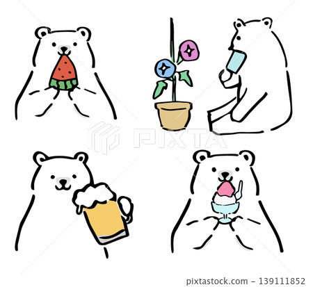 Polar bear hand-drawn illustration set: Summer, watermelon, beer, ice cream, morning glory, shaved ice 139111852